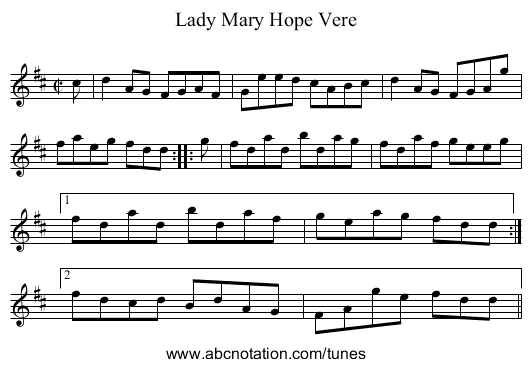 Lady Mary Hope Vere - staff notation