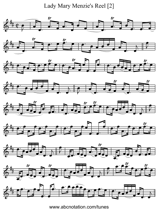 Lady Mary Menzie's Reel [2] - staff notation