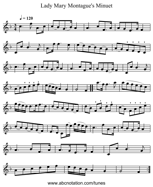 Lady Mary Montague's Minuet - staff notation