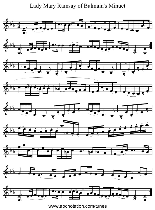 Lady Mary Ramsay of Balmain's Minuet - staff notation
