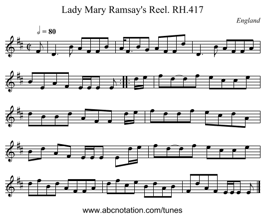 Lady Mary Ramsay's Reel. RH.417 - staff notation