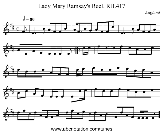 Lady Mary Ramsay's Reel. RH.417 - staff notation