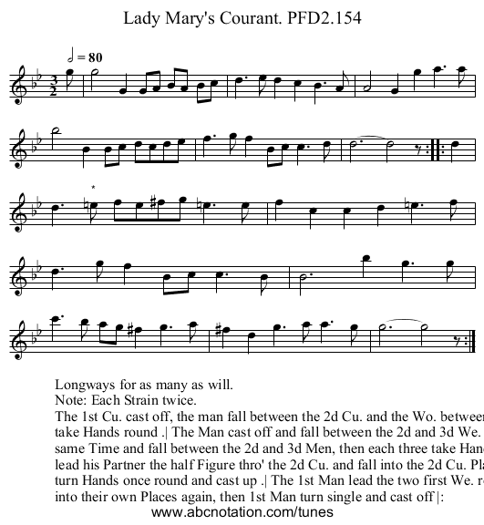 Lady Mary's Courant. PFD2.154 - staff notation