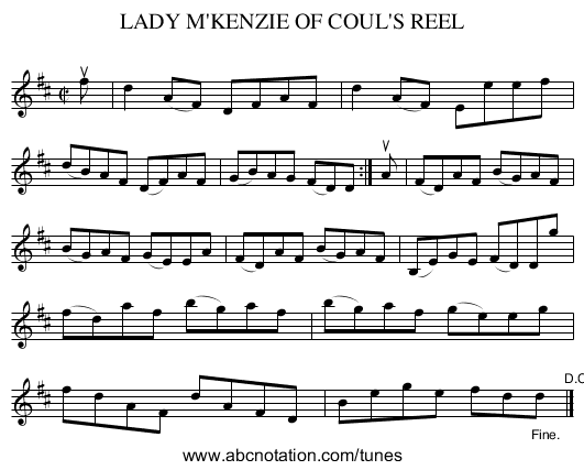 LADY M'KENZIE OF COUL'S REEL - staff notation
