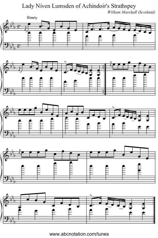 Lady Niven Lumsden of Achindoir's Strathspey - staff notation