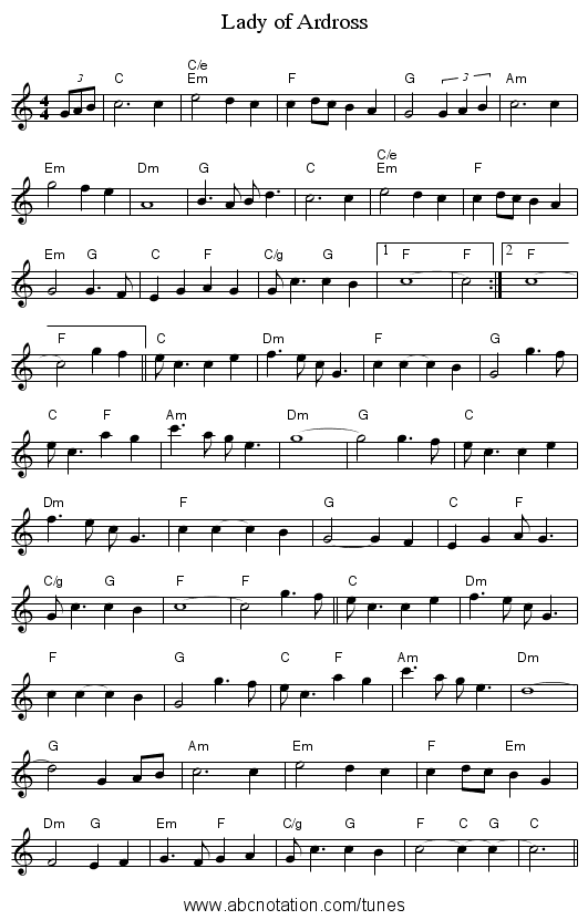 Lady of Ardross - staff notation