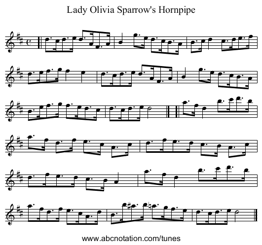 Lady Olivia Sparrow's Hornpipe - staff notation
