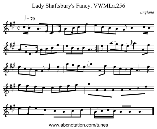 Lady Shaftsbury's Fancy. VWMLa.256 - staff notation