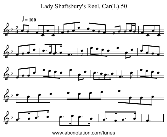 Lady Shaftsbury's Reel. Car(L).50 - staff notation
