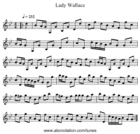 Lady Wallace - staff notation