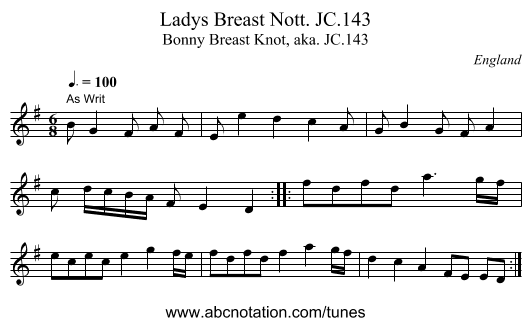 Ladys Breast Nott. JC.143 - staff notation