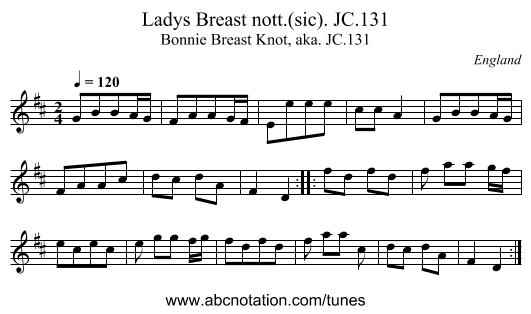Ladys Breast nott.(sic). JC.131 - staff notation