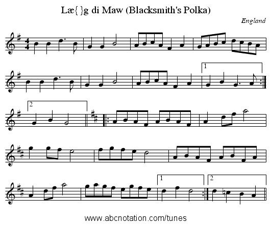 L&aelig;g di Maw (Blacksmith's Polka) - staff notation
