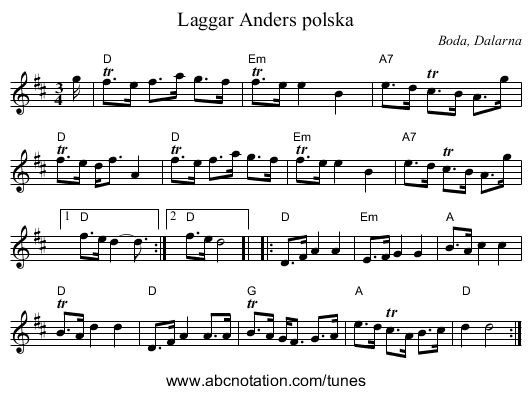 Laggar Anders polska - staff notation