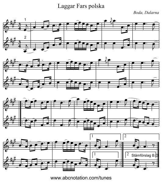 Laggar Fars polska - staff notation