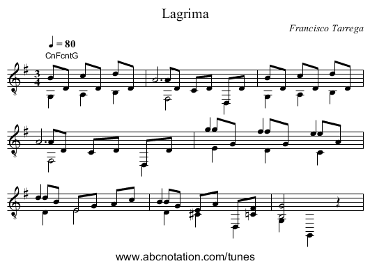 Lagrima - staff notation