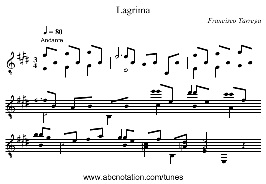 Lagrima - staff notation