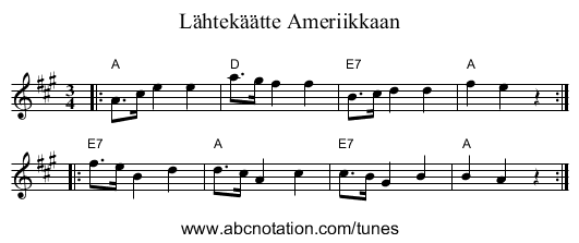 L&auml;htek&auml;&auml;tte Ameriikkaan - staff notation