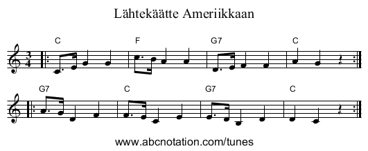L&auml;htek&auml;&auml;tte Ameriikkaan - staff notation