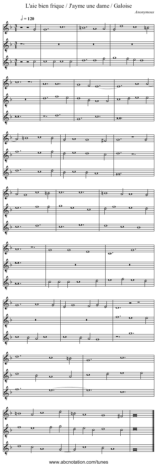 L'aie bien frique / J'ayme une dame / Galoise - staff notation
