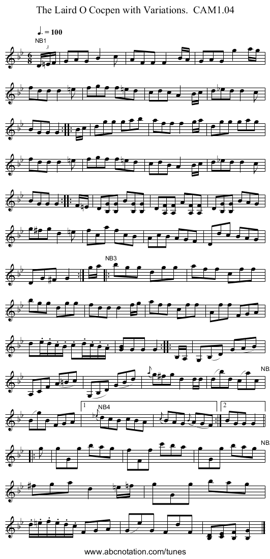 Laird O Cocpen with Variations.  CAM1.04, The - staff notation