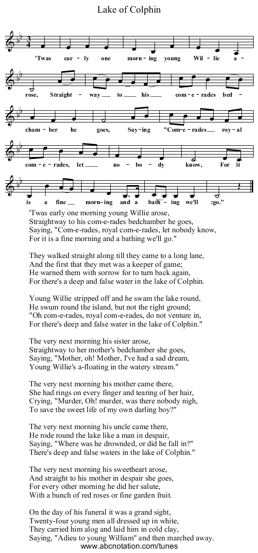 Lake of Colphin - staff notation