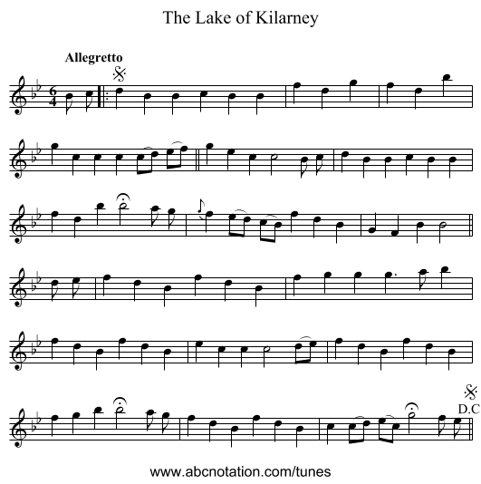 Lake of Kilarney, The - staff notation