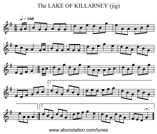 LAKE OF KILLARNEY (jig), The - staff notation