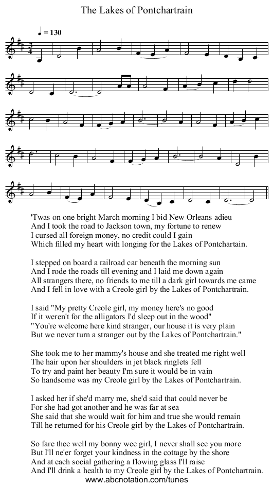 Lakes of Pontchartrain, The - staff notation