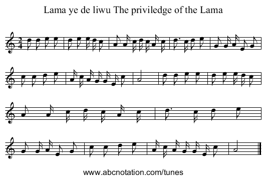 Lama ye de liwu The priviledge of the Lama - staff notation