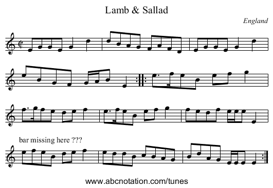 Lamb & Sallad - staff notation