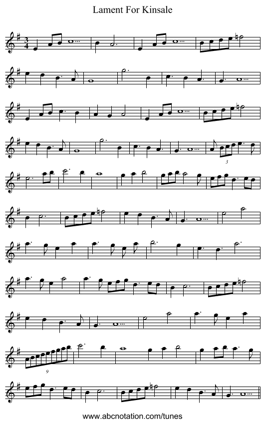 Lament For Kinsale - staff notation