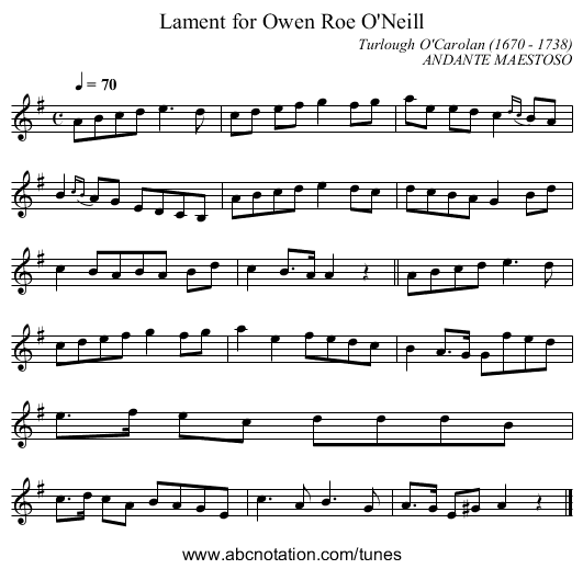 Lament for Owen Roe O'Neill - staff notation