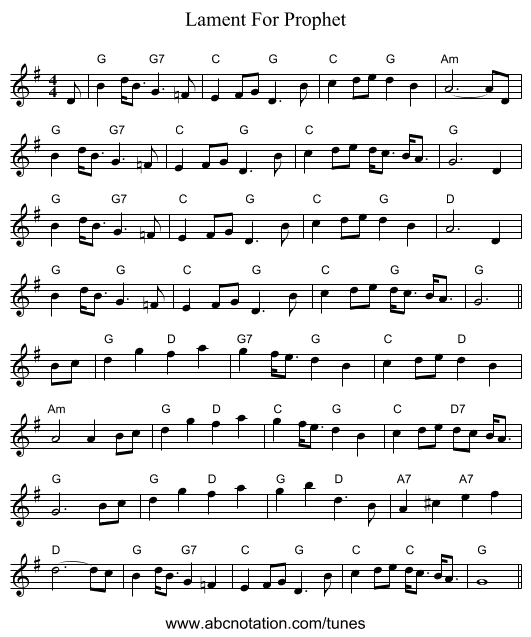 Lament For Prophet - staff notation