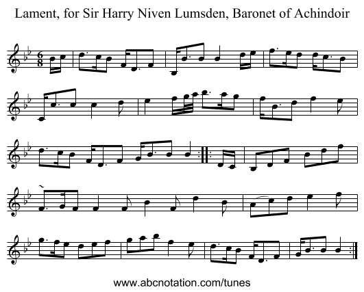 Lament, for Sir Harry Niven Lumsden, Baronet of Achindoir - staff notation