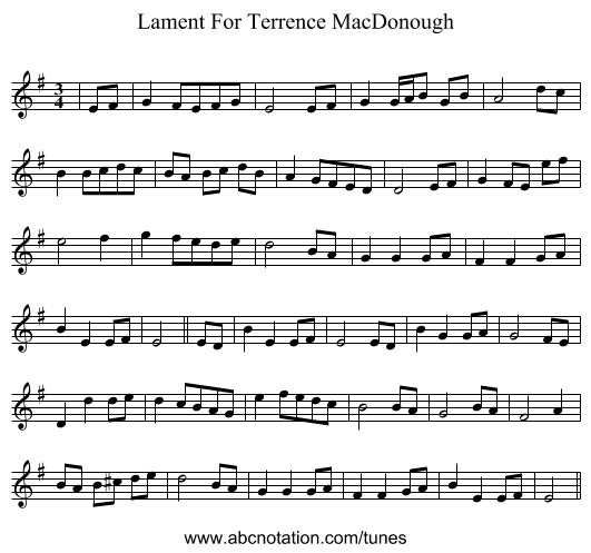 Lament For Terrence MacDonough - staff notation