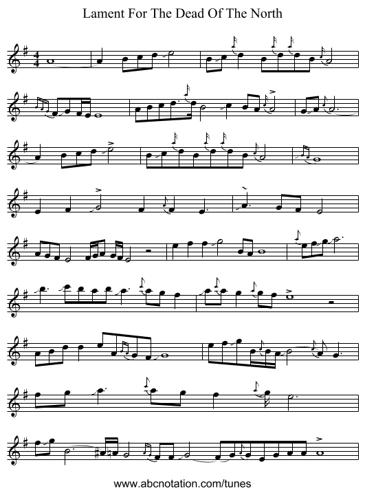 Lament For The Dead Of The North - staff notation