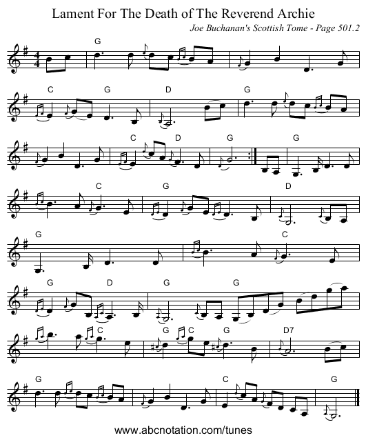 Lament For The Death of The Reverend Archie - staff notation