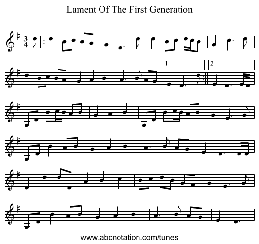 Lament Of The First Generation - staff notation