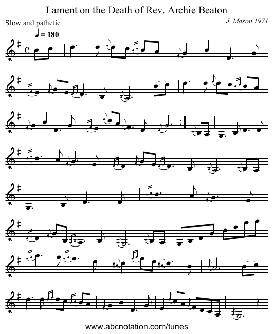 Lament on the Death of Rev. Archie Beaton - staff notation