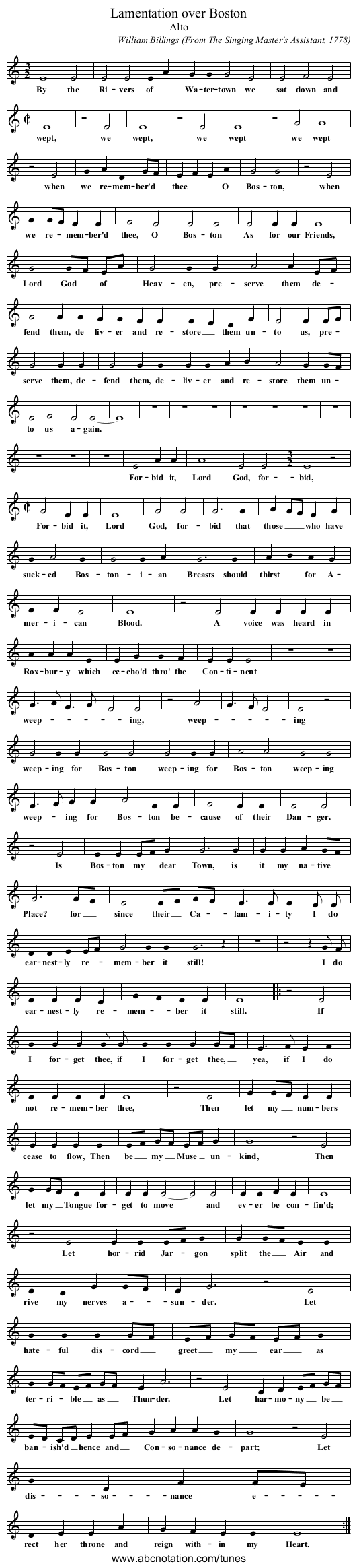 Lamentation over Boston - staff notation