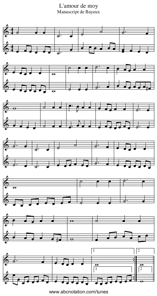 L'amour de moy - staff notation