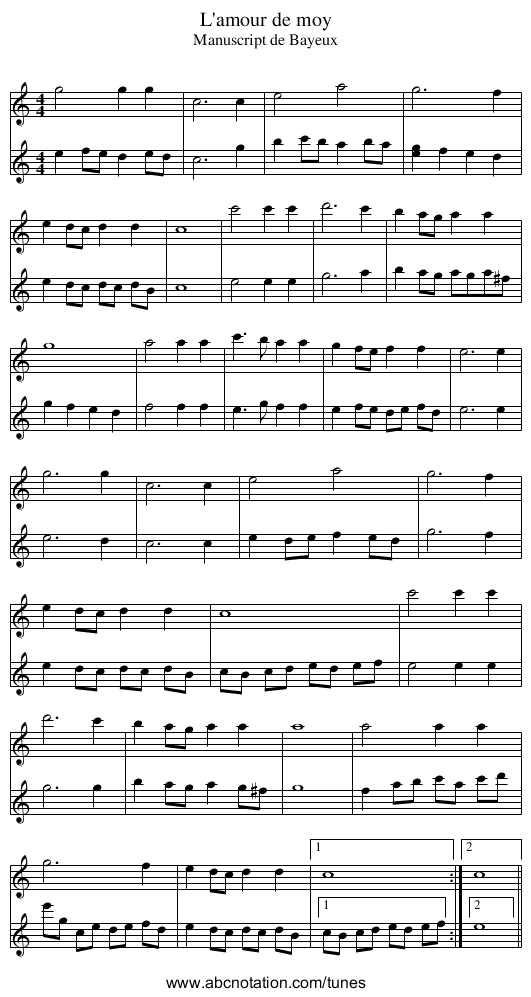 L'amour de moy - staff notation