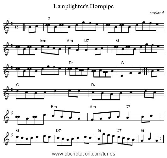 Lamplighter's Hornpipe - staff notation