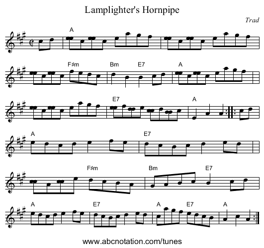 Lamplighter's Hornpipe - staff notation