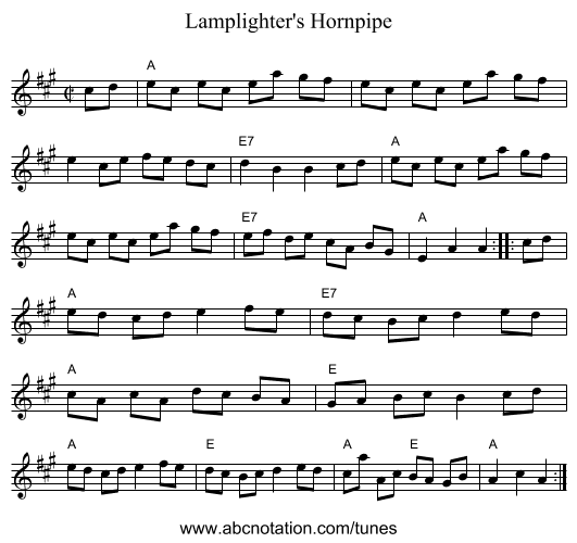 Lamplighter's Hornpipe - staff notation