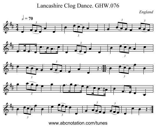 Lancashire Clog Dance. GHW.076 - staff notation