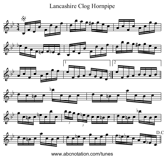 Lancashire Clog Hornpipe - staff notation