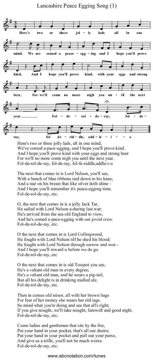 Lancashire Peace Egging Song (1) - staff notation