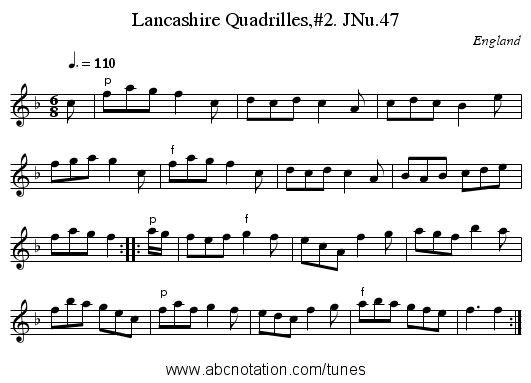 Lancashire Quadrilles,#2. JNu.47 - staff notation